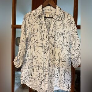 Cynthia Rowley White Button-Down Shirt with Black Leaf Print